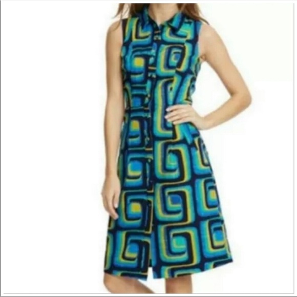 Boden Blue and Green Geometric Button Down Midi Dress - Picture 11 of 12